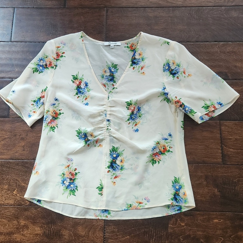 Madewell Floral Silk Blouse 4 Cream  Ruched VNeck Top Cottagecore Romantic Fairy